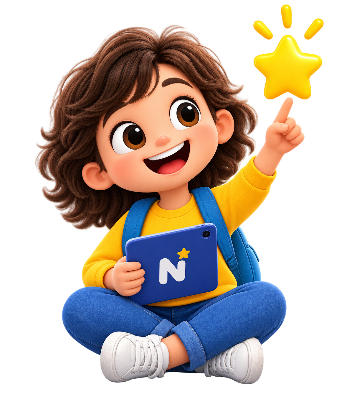 Menina sorrindo com um tablet do Nedri no colo